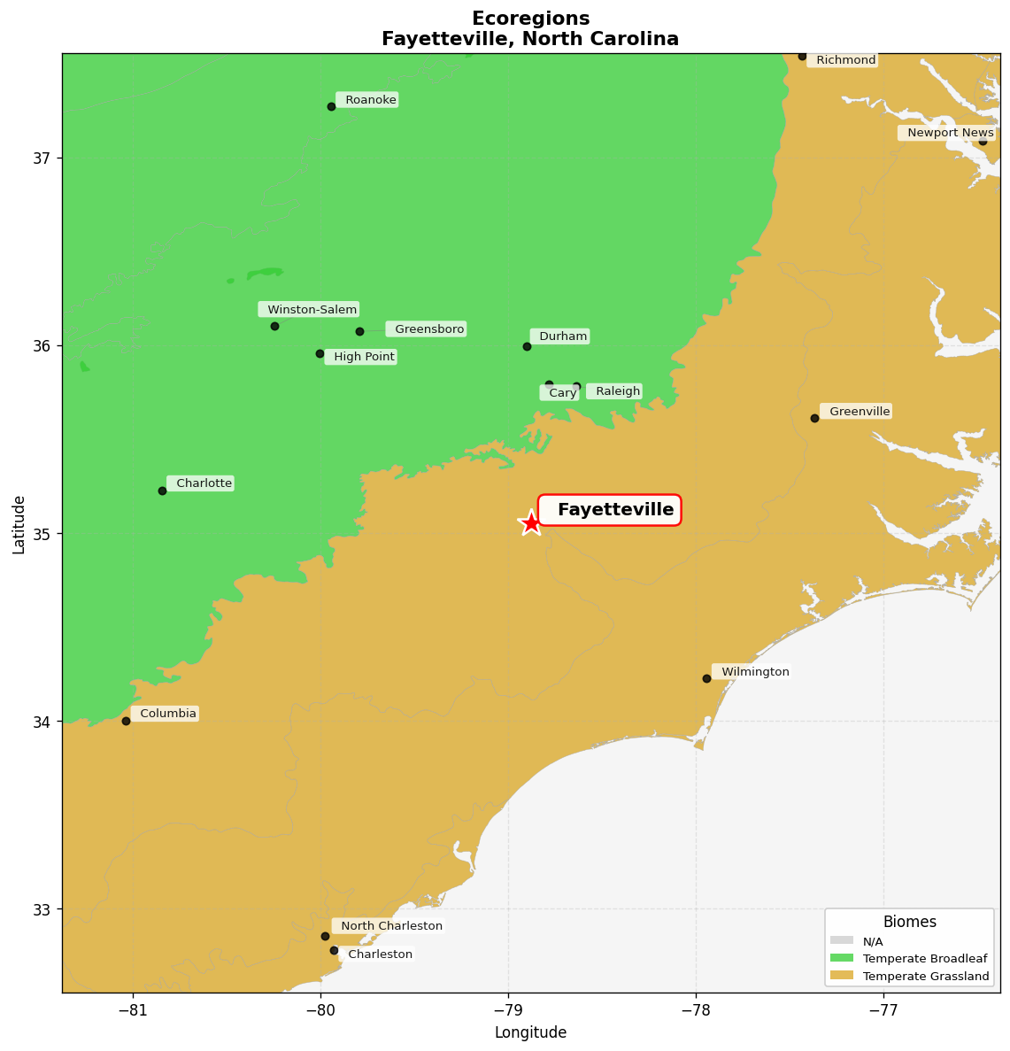 Southeast US conifer savannas Ecoregion Map for Fayetteville, NC
